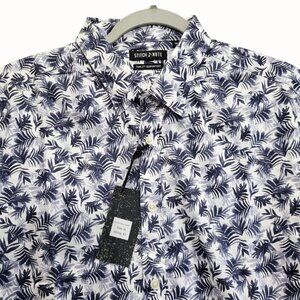Stitch Note Mens Navy White Tropical Print Short Sleeve Cotton Shirt NEW Medium